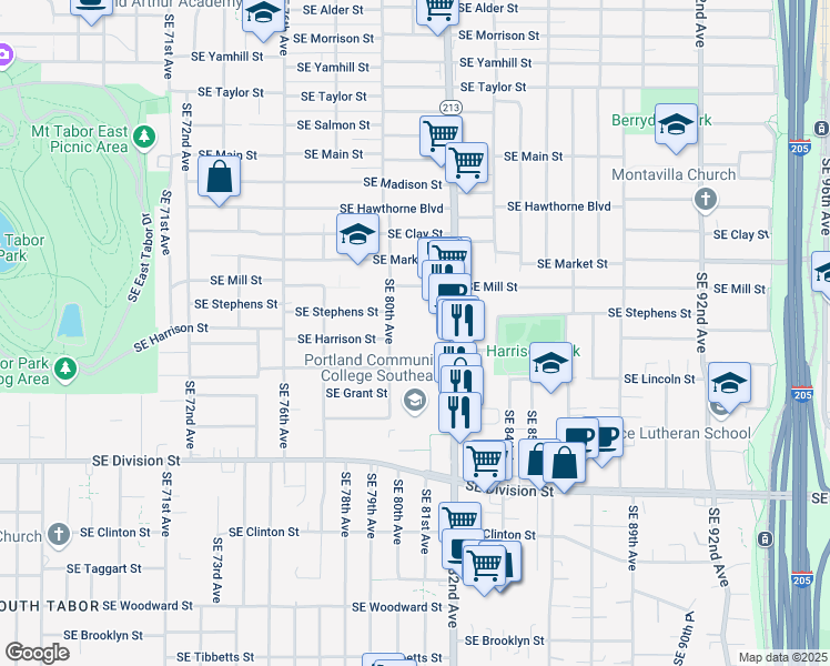 map of restaurants, bars, coffee shops, grocery stores, and more near 1940 Southeast 80th Avenue in Portland