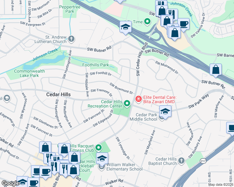 map of restaurants, bars, coffee shops, grocery stores, and more near 11720 Southwest Bowmont Lane in Portland