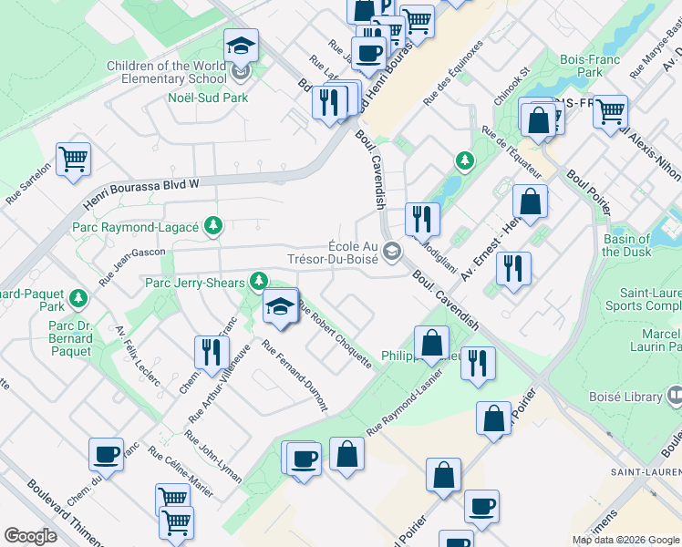 map of restaurants, bars, coffee shops, grocery stores, and more near 4000 Rue Claude-Henri-Grignon in Montréal