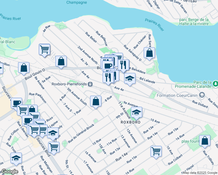 map of restaurants, bars, coffee shops, grocery stores, and more near 18C Rue du Centre Commercial in Montréal