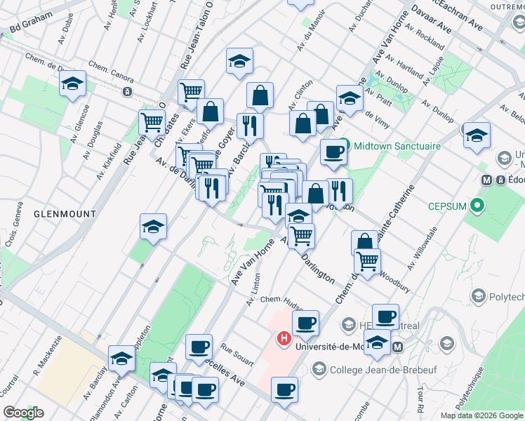 map of restaurants, bars, coffee shops, grocery stores, and more near 2800 Avenue de Kent in Montréal