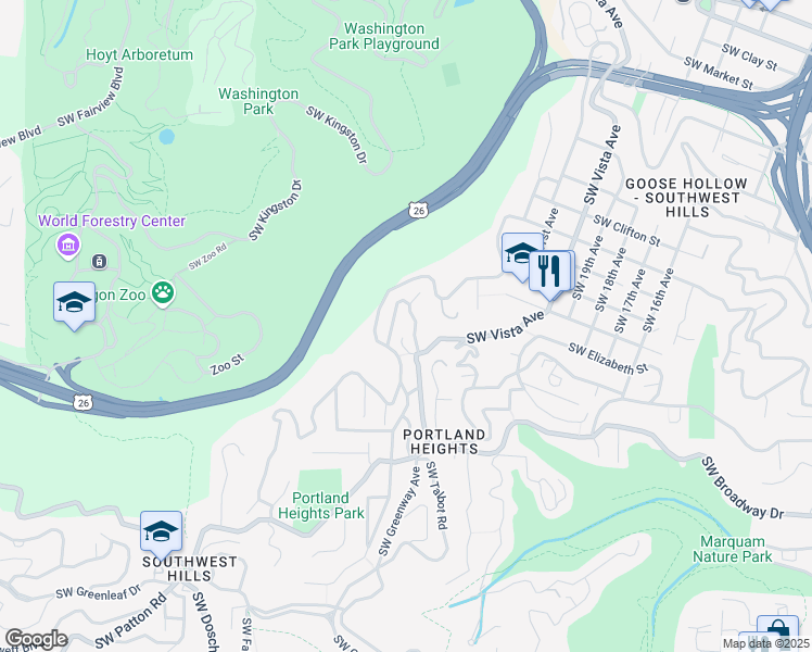 map of restaurants, bars, coffee shops, grocery stores, and more near 2645 Southwest Alta Vista Place in Portland