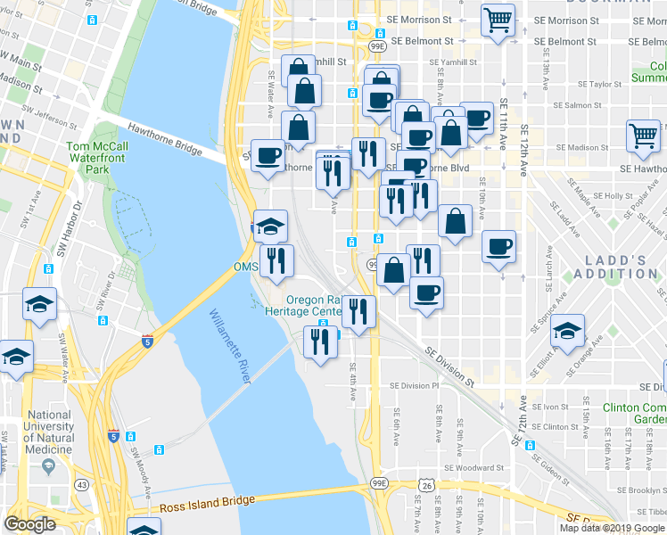 map of restaurants, bars, coffee shops, grocery stores, and more near 1921 Southeast 3rd Avenue in Portland