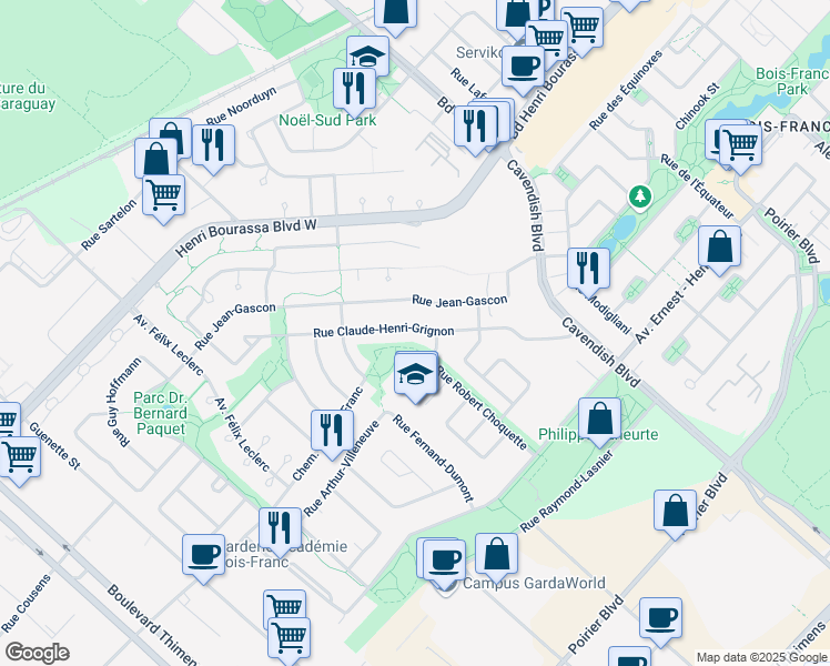 map of restaurants, bars, coffee shops, grocery stores, and more near 4140 Rue Claude Henri Grignon in Montreal
