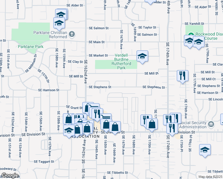 map of restaurants, bars, coffee shops, grocery stores, and more near 16526 Southeast Stephens Street in Portland