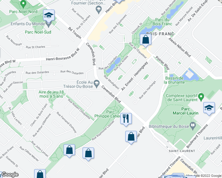 map of restaurants, bars, coffee shops, grocery stores, and more near 14033 Boulevard Cavendish in Montrã©Al