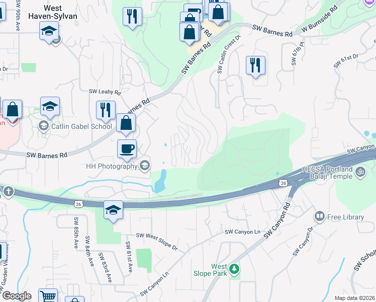 map of restaurants, bars, coffee shops, grocery stores, and more near 7734 Southwest Barnes Road in Portland