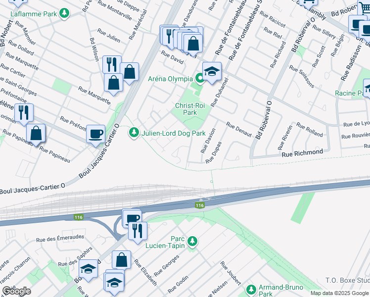 map of restaurants, bars, coffee shops, grocery stores, and more near 1155 Rue De La Terrasse Douville in Longueuil