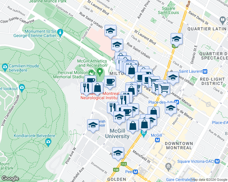 map of restaurants, bars, coffee shops, grocery stores, and more near 479 Rue Prince Arthur Ouest in Montréal