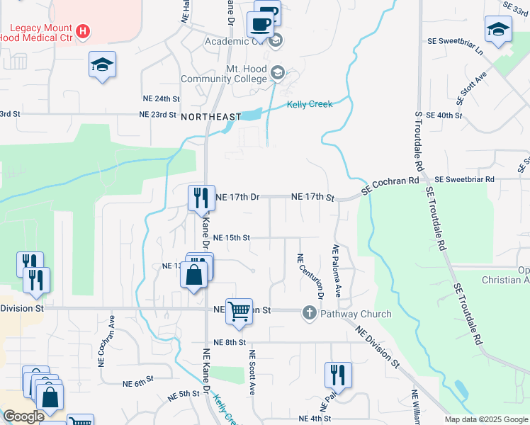 map of restaurants, bars, coffee shops, grocery stores, and more near 3500 Northeast 17th Street in Gresham