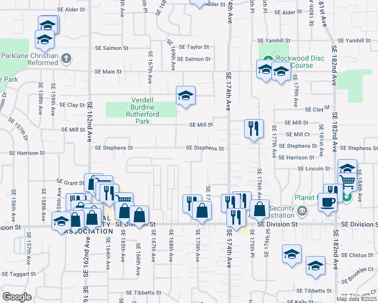 map of restaurants, bars, coffee shops, grocery stores, and more near 16933 Southeast Harrison Street in Portland