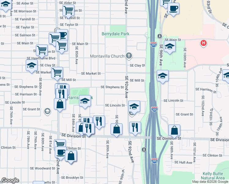 map of restaurants, bars, coffee shops, grocery stores, and more near 9004 Southeast Harrison Street in Portland
