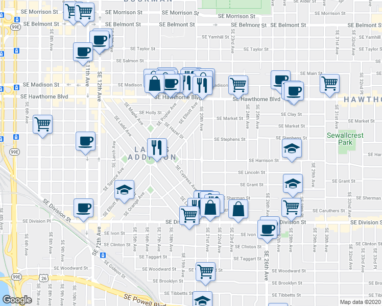 map of restaurants, bars, coffee shops, grocery stores, and more near 2004 Southeast Hemlock Avenue in Portland