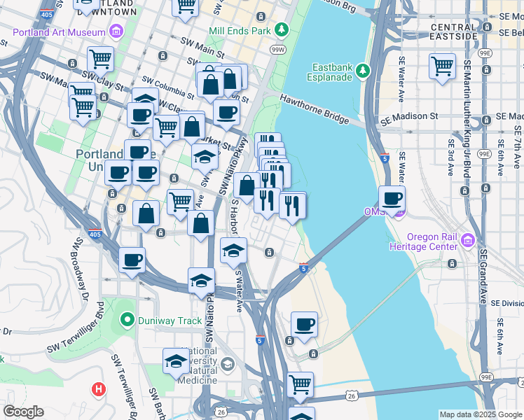 map of restaurants, bars, coffee shops, grocery stores, and more near 1931 South River Square in Portland