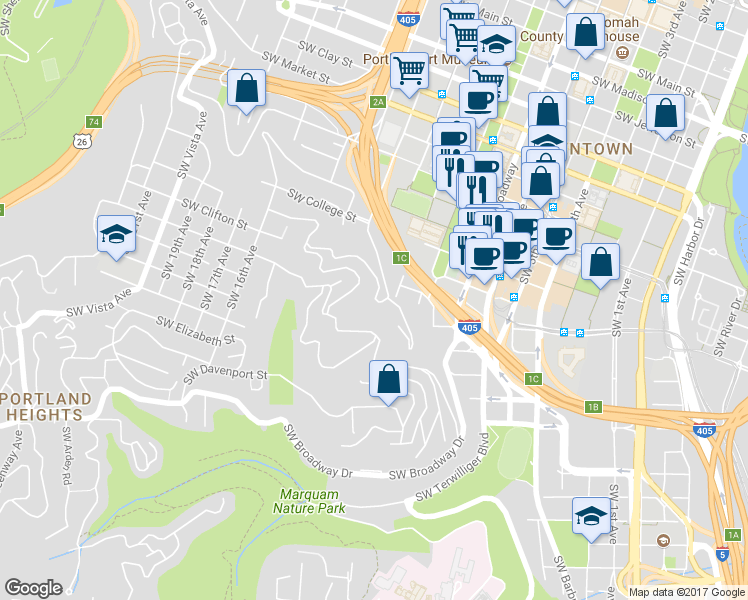 map of restaurants, bars, coffee shops, grocery stores, and more near 1900 Southwest River Drive in Portland