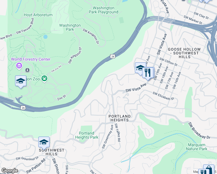 map of restaurants, bars, coffee shops, grocery stores, and more near 2615 Southwest Alta Vista Place in Portland