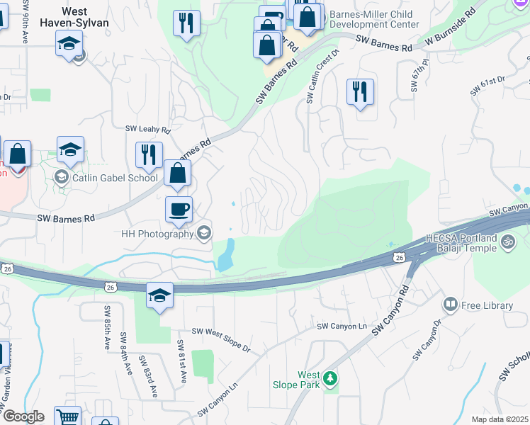 map of restaurants, bars, coffee shops, grocery stores, and more near 7734 Southwest Barnes Road in Portland