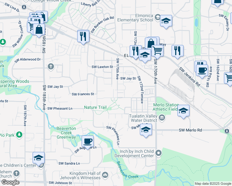 map of restaurants, bars, coffee shops, grocery stores, and more near 1593 Southwest 175th Avenue in Beaverton