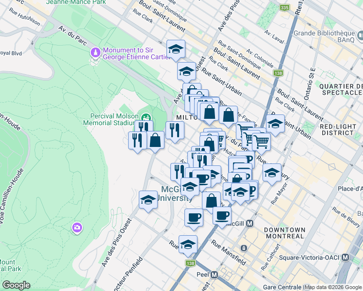 map of restaurants, bars, coffee shops, grocery stores, and more near 479 Rue Prince Arthur Ouest in Montréal