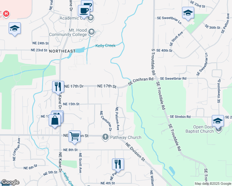 map of restaurants, bars, coffee shops, grocery stores, and more near 1637 Northeast Paloma Avenue in Gresham