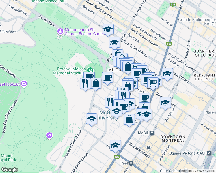 map of restaurants, bars, coffee shops, grocery stores, and more near 3629 Rue Aylmer in Montréal