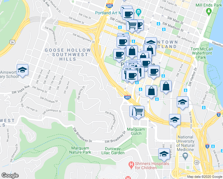 map of restaurants, bars, coffee shops, grocery stores, and more near 2061 Southwest Park Avenue in Portland
