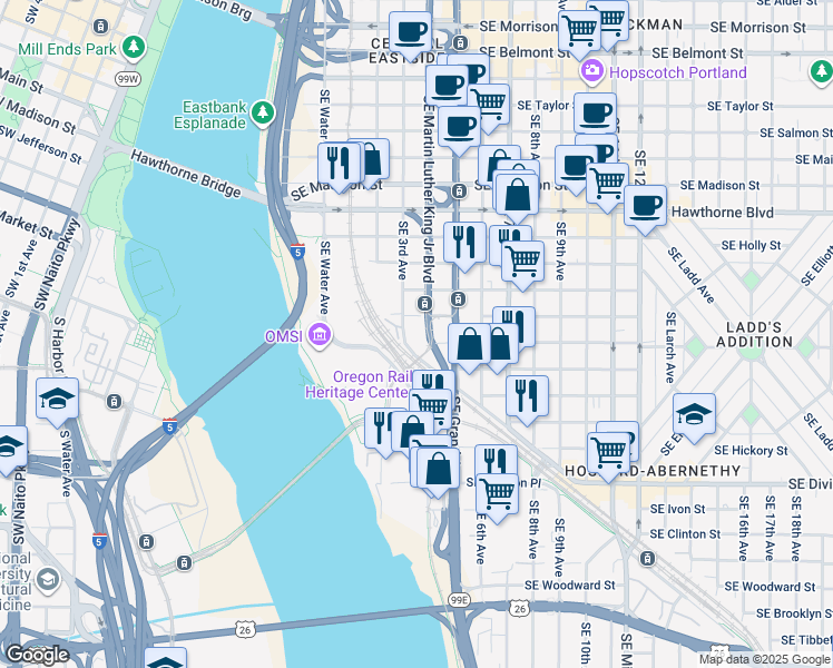 map of restaurants, bars, coffee shops, grocery stores, and more near 1921 Southeast 3rd Avenue in Portland