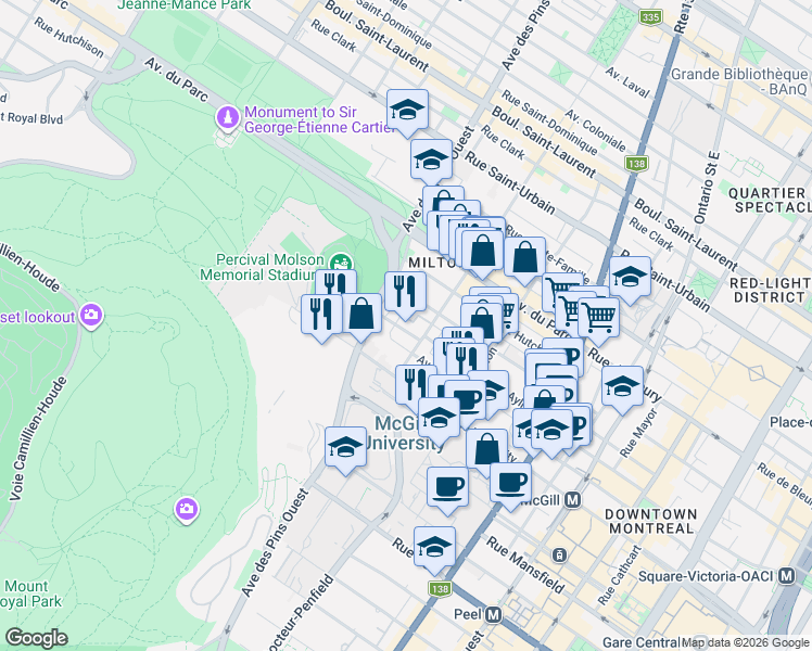 map of restaurants, bars, coffee shops, grocery stores, and more near 3629 Rue Aylmer in Montréal
