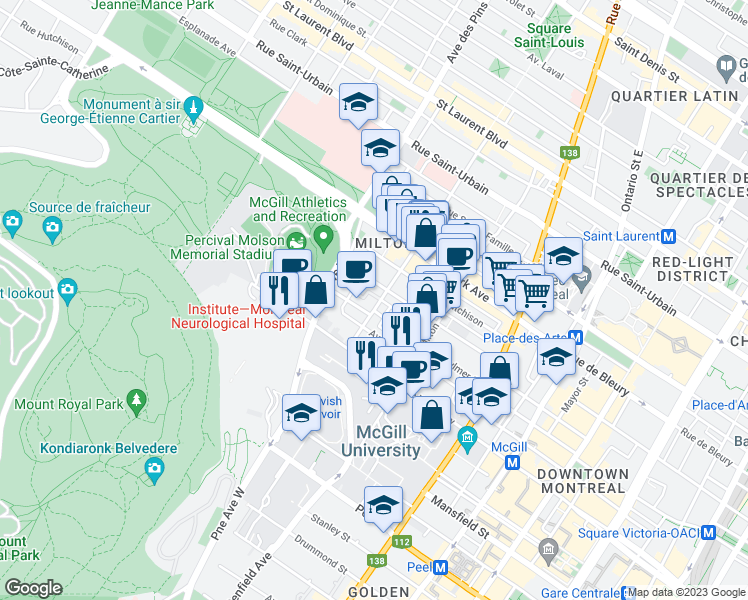 map of restaurants, bars, coffee shops, grocery stores, and more near 475 Rue Prince Arthur Ouest in Montréal
