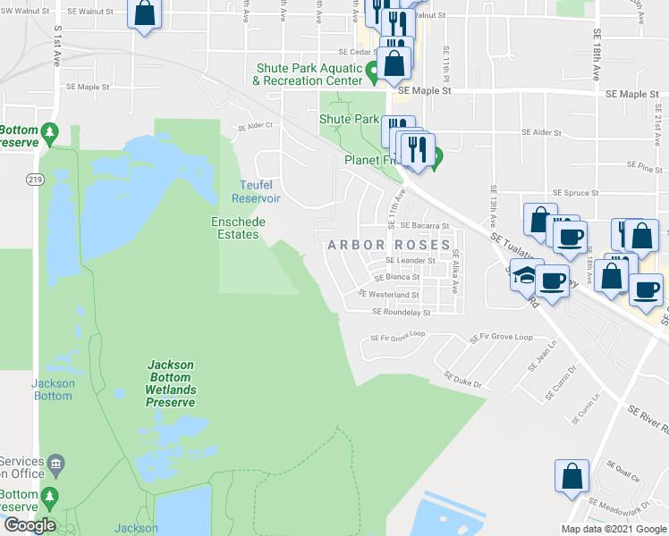 map of restaurants, bars, coffee shops, grocery stores, and more near 1086 Southeast Tamora Avenue in Hillsboro