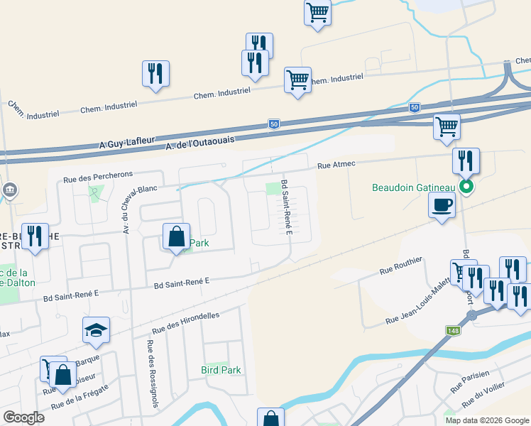 map of restaurants, bars, coffee shops, grocery stores, and more near 75 Rue Lucien-Gendron in Gatineau