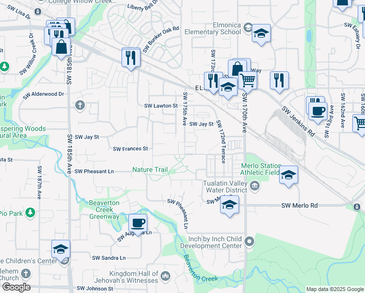 map of restaurants, bars, coffee shops, grocery stores, and more near 1593 Southwest 175th Avenue in Beaverton