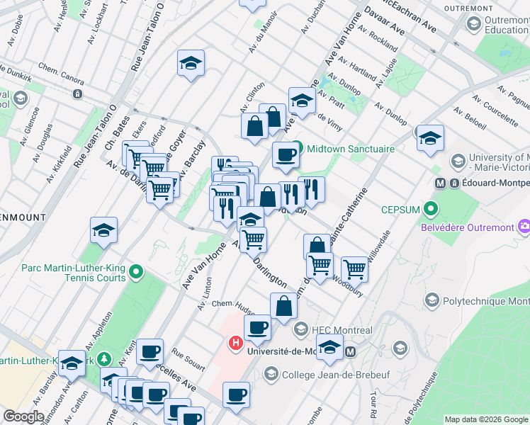 map of restaurants, bars, coffee shops, grocery stores, and more near 6065 Wilderton Crescent in Montreal