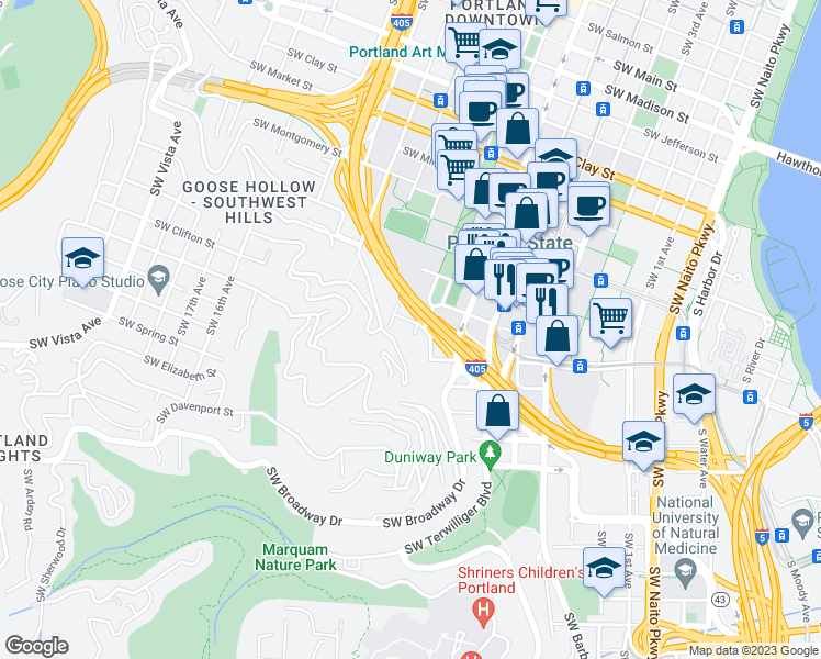 map of restaurants, bars, coffee shops, grocery stores, and more near 2059 Southwest Park Avenue in Portland