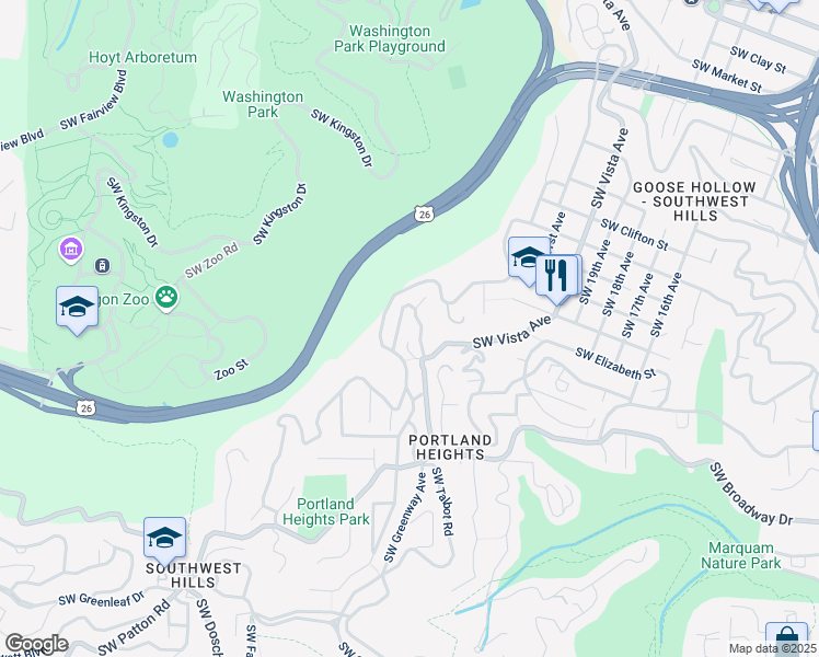 map of restaurants, bars, coffee shops, grocery stores, and more near 2645 Southwest Alta Vista Place in Portland