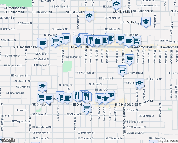 map of restaurants, bars, coffee shops, grocery stores, and more near 2020 Southeast 34th Avenue in Portland