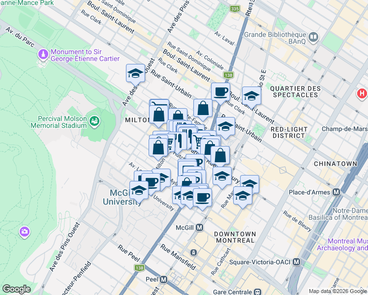 map of restaurants, bars, coffee shops, grocery stores, and more near 3460A Avenue du Parc in Montréal