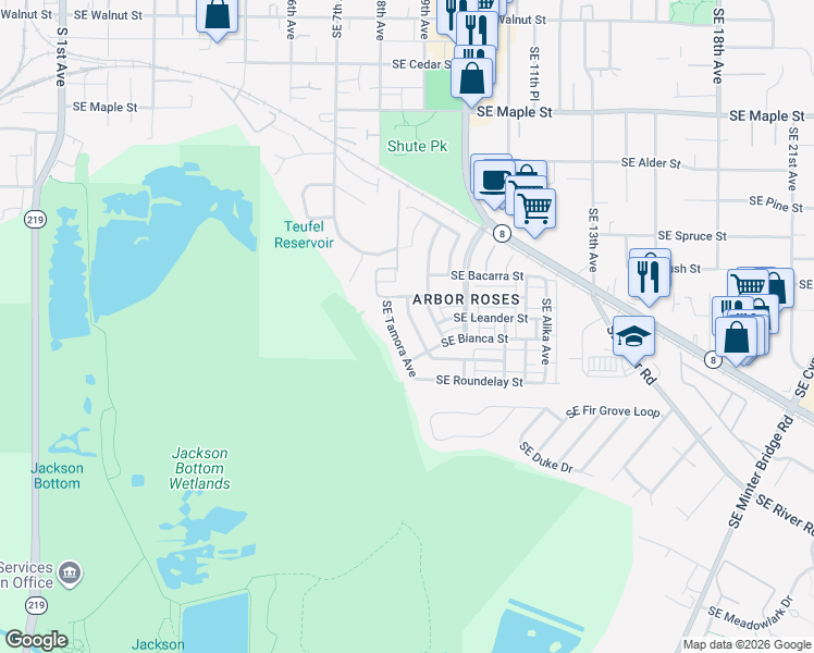 map of restaurants, bars, coffee shops, grocery stores, and more near 1093 Southeast Wenlock Avenue in Hillsboro