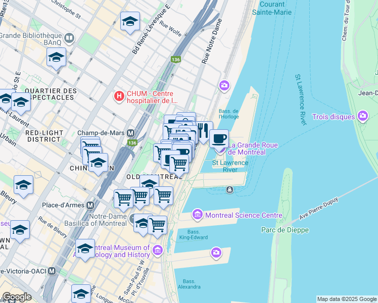 map of restaurants, bars, coffee shops, grocery stores, and more near 350 Rue Saint Paul Est in Montréal