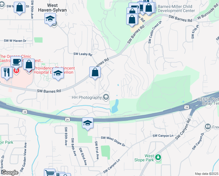 map of restaurants, bars, coffee shops, grocery stores, and more near 8150 Southwest Barnes Road in Portland