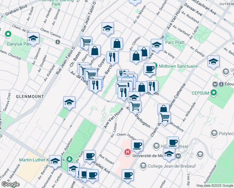map of restaurants, bars, coffee shops, grocery stores, and more near 2780 Avenue de Kent in Montréal