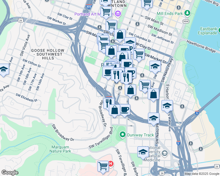 map of restaurants, bars, coffee shops, grocery stores, and more near in Portland
