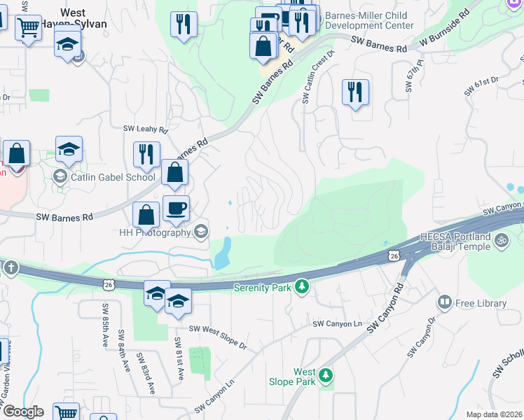 map of restaurants, bars, coffee shops, grocery stores, and more near 7744 Southwest Barnes Road in Portland