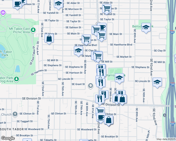 map of restaurants, bars, coffee shops, grocery stores, and more near 2025 Southeast 82nd Avenue in Portland