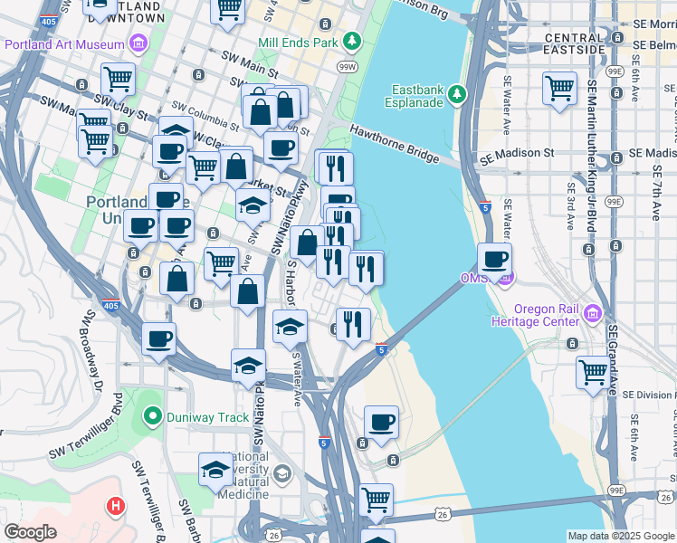 map of restaurants, bars, coffee shops, grocery stores, and more near 1931 South River Square in Portland
