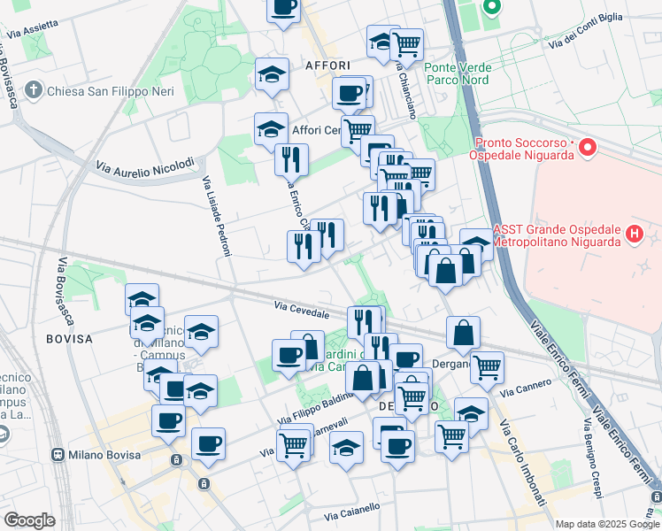 map of restaurants, bars, coffee shops, grocery stores, and more near 33 Via Privata Don Bartolomeo Grazioli in Milano