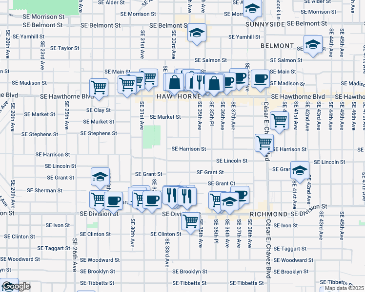 map of restaurants, bars, coffee shops, grocery stores, and more near 2020 Southeast 34th Avenue in Portland