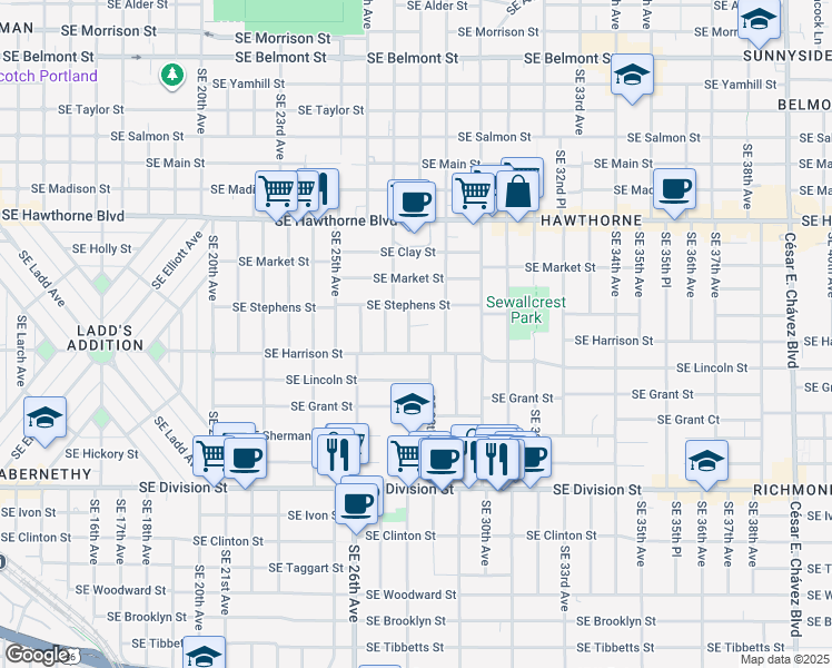 map of restaurants, bars, coffee shops, grocery stores, and more near 2825 Southeast Harrison Street in Portland