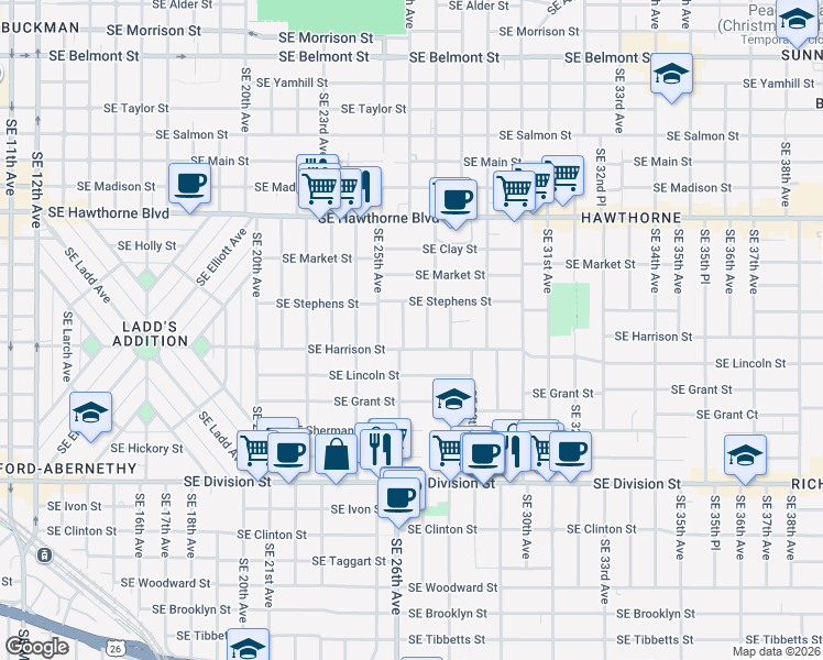 map of restaurants, bars, coffee shops, grocery stores, and more near 2641 Southeast Harrison Street in Portland
