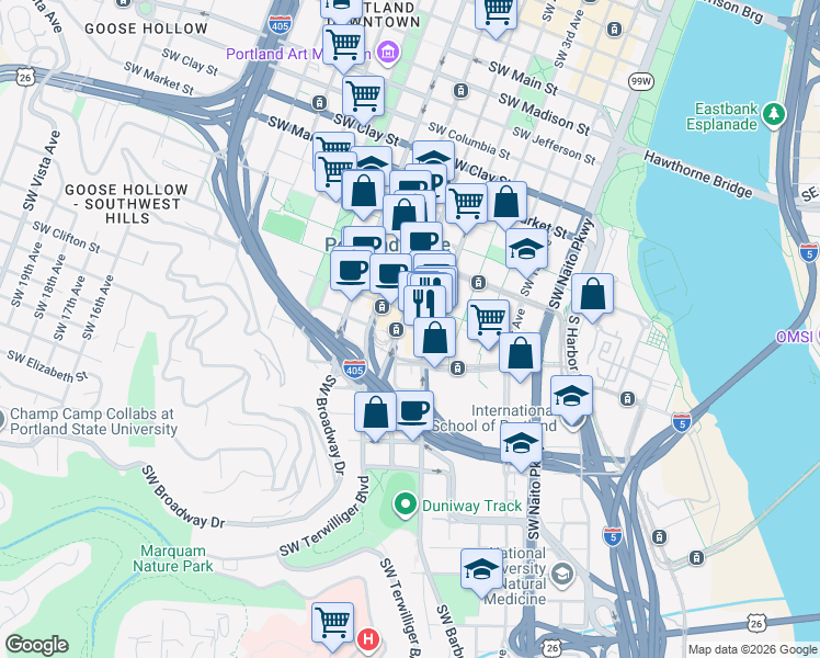 map of restaurants, bars, coffee shops, grocery stores, and more near 255 Southwest Harrison Street in Portland